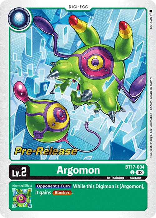 The Digimon trading card "Argomon [BT17-004] [Secret Crisis Pre-Release Cards]" showcases a Level 2 green, bioluminescent, insect-like creature with drills for legs, purple accents, and red eyes. Its inherited effect states: "Opponent's Turn: While this Digimon is [Argomon], it gains Blocker.