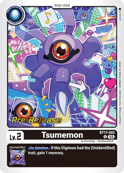 A Digimon trading card featuring "Tsumemon [BT17-005]," a purple, tentacled creature with a single red eye. The colorful background displays various geometric shapes, including music notes and stars. This card is categorized as "Secret Crisis Pre-Release" under the title of Level 2 Digi-Egg, with its details found at the bottom.