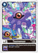 A Digimon trading card featuring "Tsumemon [BT17-005]," a purple, tentacled creature with a single red eye. The colorful background displays various geometric shapes, including music notes and stars. This card is categorized as "Secret Crisis Pre-Release" under the title of Level 2 Digi-Egg, with its details found at the bottom.