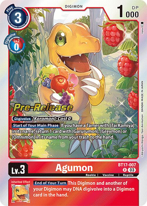 Introducing the Digimon Agumon [BT17-007] [Secret Crisis Pre-Release] game card! This vibrant yellow level 3 card showcases Agumon cheerfully holding a fruit basket. It features a DP value of 1000, detailed Digivolve conditions, and various in-game effects and rules. Labeled with the code BT7-007, this exclusive card is perfect for pairing with a Tamer in your deck.