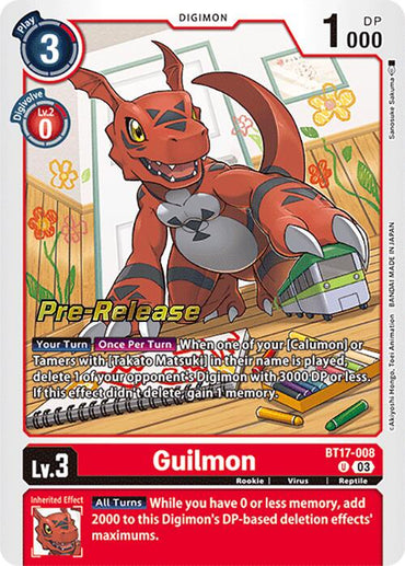 The image features a Digimon trading card from the "Secret Crisis Pre-Release" set, showcasing the Rookie, Guilmon. This red dinosaur-like creature with white markings is playfully holding a soccer ball. The card is labeled "BT17-008," indicating it is at "Lv.3" with 1000 DP, has a play cost of 3, and digivolves from level 2.