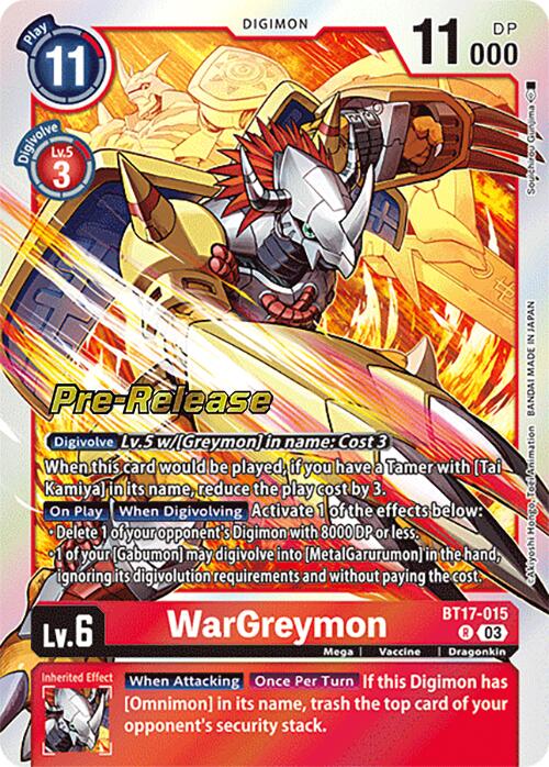 A Digimon card from the set "Secret Crisis Pre-Release" [BT17-015], featuring WarGreymon, a humanoid dragon warrior clad in metallic armor and wielding clawed gauntlets. The card, labeled "Pre-Release," includes detailed stats and abilities set against a fiery backdrop. Representing the Dragonkin family, it has a play cost of 11 and a Digivolution cost of 3.