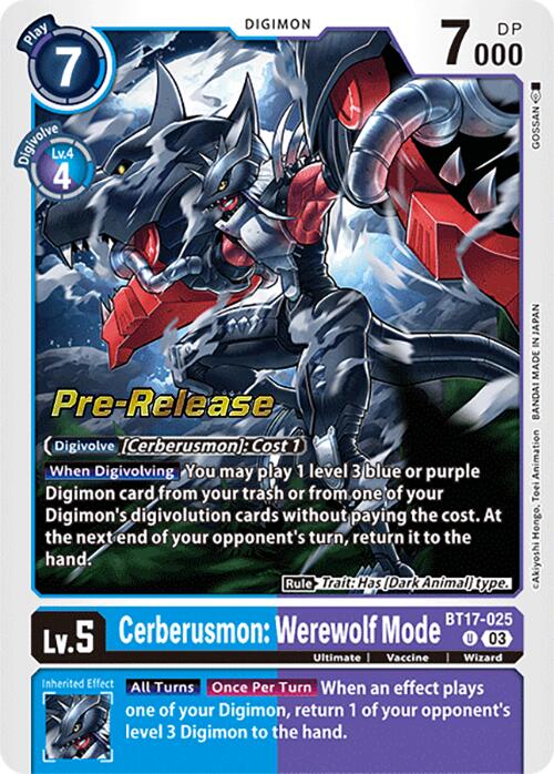 The Digimon Cerberusmon: Werewolf Mode [BT17-025] card from the Secret Crisis Pre-Release series features a dark, wolf-like creature adorned with metallic armor and glowing red claws. This Level 5 card details its abilities and boasts a Digivolve cost of 7 alongside 7000 DP, proudly displaying the “Secret Crisis Pre-Release Cards” stamp along with related information.