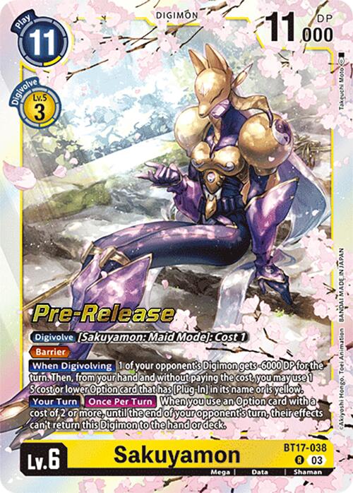 Image of the Digimon Sakuyamon [BT17-038] trading card from the Secret Crisis Pre-Release series. The card features Sakuyamon in its Maid Mode, depicted as a humanoid figure adorned in gold and purple armor with a distinctive fox-like helmet, sitting with an elegant posture. Prominently displayed are the play cost of 11, DP of 11000, along with detailed descriptions of its abilities and effects.