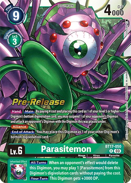 A rare Digimon card featuring Parasitemon, a Level 6 green Digimon, is available under the product name Parasitemon [BT17-050] [Secret Crisis Pre-Release Cards] from the Digimon brand. This card boasts a play cost of 9 and 4000 DP. Main effects and inherited effects are detailed below the image. Marked with "Pre-Release" and numbered BT17-050, the card's vibrant background enhances its allure for digivolution enthusiasts.