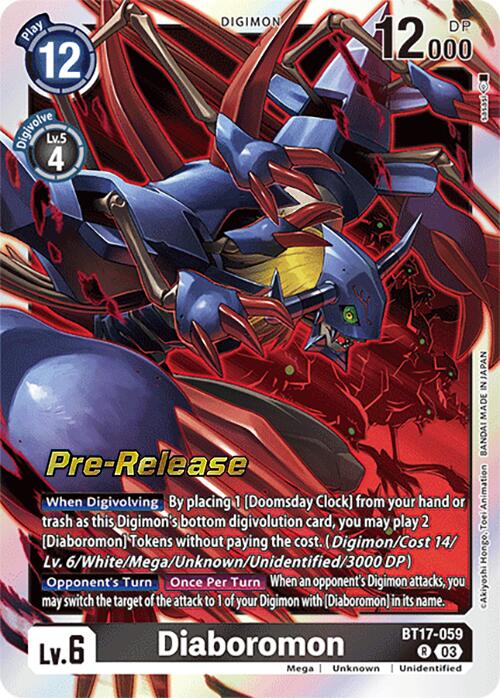 The Digimon card Diaboromon [BT17-059] from the Secret Crisis Pre-Release Cards set features a dark, menacing creature with red and black coloration. This level 6 card boasts 12,000 DP and has a play cost of 12, detailing its powerful abilities.