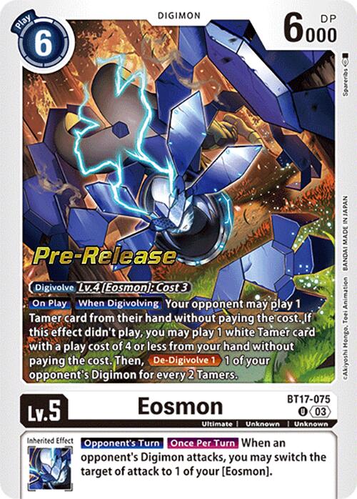 Introducing the Eosmon [BT17-075] card from the Digimon Secret Crisis Pre-Release collection. This card showcases a captivating blue and white design featuring Eosmon, a mechanical insect-like creature with crystalline wings, emerging from a cyber portal. Detailed text highlights its Digivolve abilities and stats, adorned with the "Pre-Release" label and other essential game-related information.