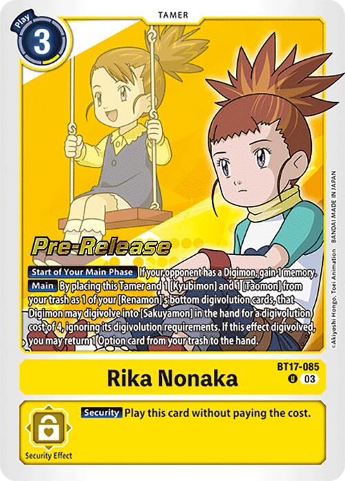 A Digimon trading card titled "Rika Nonaka [BT17-085] [Secret Crisis Pre-Release Cards]" features Tamer Rika Nonaka in an action pose, holding a Digivice. Part of the BT17 series, it has a yellow border and includes game rules for its use along with a security effect.