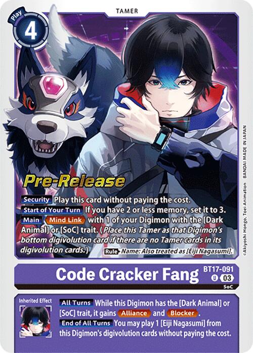 A card from the Digimon TCG named "Code Cracker Fang [BT17-091] [Secret Crisis Pre-Release Cards]" features Tamer Eiji Nagasumi alongside a fierce black and blue wolf-like Digimon with sharp teeth. The card text details abilities and rules.