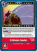 The "Crimson Savior [BT17-096] [Secret Crisis Pre-Release Cards]" Digimon trading card features a red dragon-like Digimon with two smaller Digimon in the background, has a blue border, and costs 3 to play. The card includes instructions for playing [Guilmon] or [Takato Matsuki], preventing attacks from level 5 or higher Digimon, and details on Digivolution conditions.