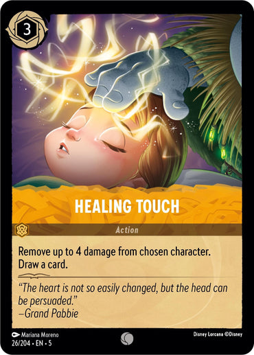 The Disney Lorcana trading card "Healing Touch" (26/204) from the Shimmering Skies series features a glowing white hand touching the head of a serene character and allows removal of up to 4 damage from a chosen character. This common rarity card includes a quote from Grand Pabbie.