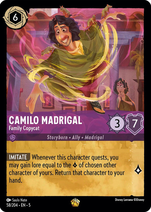 The Disney Lorcana trading card, "Camilo Madrigal - Family Copycat (58/204) [Shimmering Skies]," features Camilo Madrigal and is illustrated by Saulo Nate. This legendary card has a cost of 6, an attack power of 3, and a defense of 7. It also boasts the special ability "Imitate.