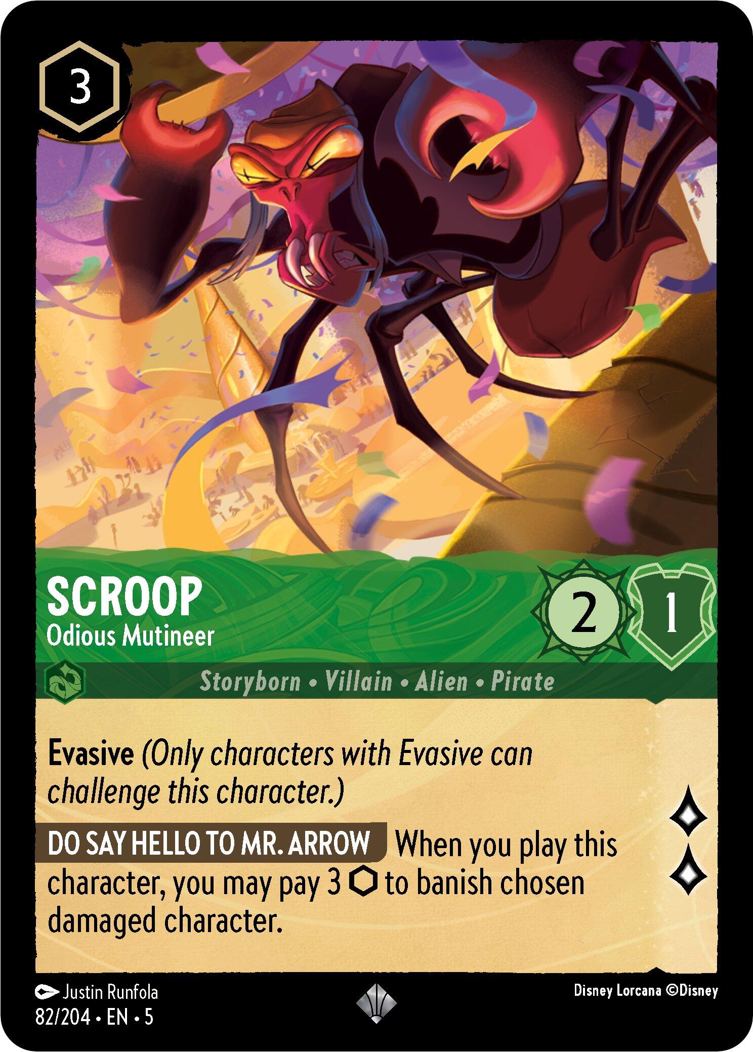 A trading card featuring Scroop, an odious mutineer and alien pirate with red skin and multiple limbs. He appears sinister, with a menacing stance and sharp claws. This super rare card is from the Disney Shimmering Skies series (82/204) and includes attributes: cost (3), strength (2), and willpower (1). It also features text detailing Scroop's abilities along with the card name 