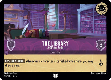 A Disney Lorcana card, titled "The Library - A Gift for Belle (68/204) [Shimmering Skies]," depicts a vibrant library with tall bookshelves, an open book on a table, a red sofa, and green curtains. As part of the Shimmering Skies collection and classified with uncommon rarity, the card reads: "LOST IN A BOOK: Whenever a character is banished while here, you may draw a card.