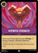 The Disney trading card from the Shimmering Skies series, titled "Hypnotic Strength" (59/204), showcases a menacing cobra with glowing red eyes surrounded by swirling purple and red patterns. The card text states: "Draw a card. Chosen character gains Challenger +2 this turn." Additionally, the flavor text reads, "Suddenly, Basil felt a strong desire to find the broken crown.