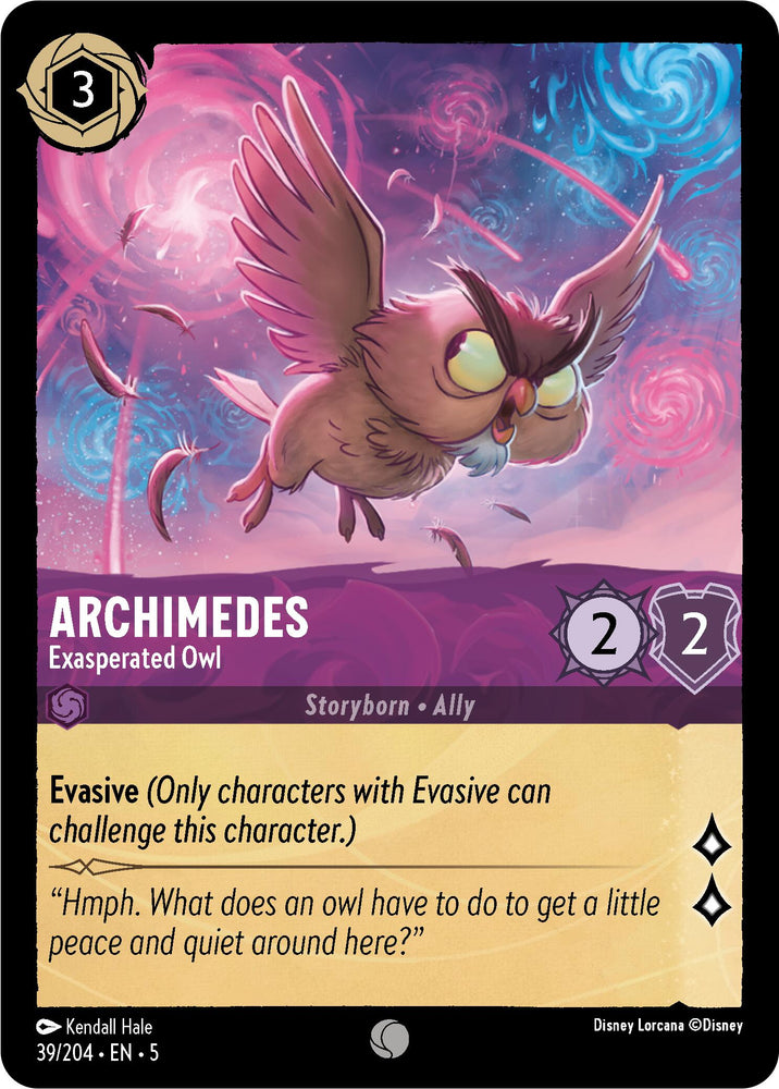 A Disney card titled "Archimedes - Exasperated Owl (39/204) [Shimmering Skies]," featuring an image of a brown owl with large, expressive eyes and outstretched wings set against a swirling, magical pink and purple background under shimmering skies. The text reads: "ARCHIMEDES, Exasperated Owl. Evasive. (Only characters with Evasive can challenge this character.) 'Hmph. What does an owl have to do to get a little peace and quiet around here?'