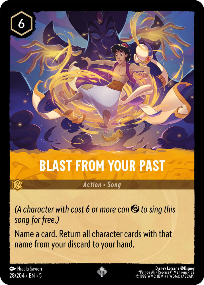 A highly coveted Disney Lorcana trading card titled "Blast From Your Past (28/204) [Shimmering Skies]" depicts a character reminiscent of Aladdin suspended mid-air in a vibrant, swirling, golden mystical aura, accompanied by the Genie behind him. The card features a Cost Ink 6 icon at the top left and includes text detailing its unique ability to name and retrieve all character cards with that name from the discard pile.