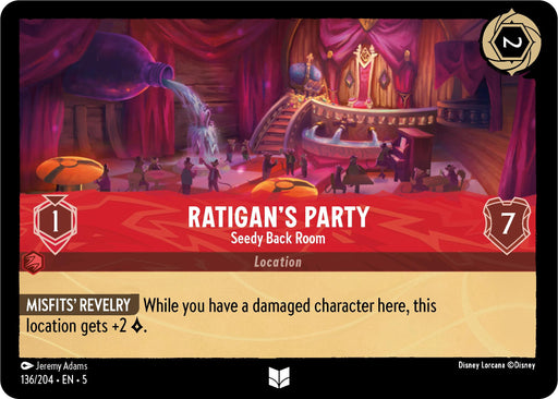 The Disney card "Ratigan’s Party - Seedy Back Room (136/204) [Shimmering Skies]" from the Lorcana series showcases artwork of a vibrant stage performance set in an opulent yet seedy room, adorned with red curtains and dim lighting. This card boasts 1 strength, 7 willpower, and +2 Lore. Its special ability, "Misfits' Revelry," grants an additional +2 willpower when a damaged character is present.