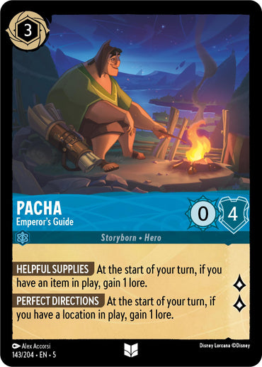 The trading card "Pacha - Emperor's Guide (143/204) [Shimmering Skies]" from Disney depicts an illustration of a man sitting by a campfire under shimmering skies. This uncommon card features turquoise and gold borders and includes stats such as a cost of 3, attack of 0, and defense of 4. The abilities listed on the card are "HELPFUL SUPPLIES" and "PERFECT DIRECTIONS." The artwork is by Alex Accorsi.