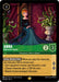 The trading card "Anna - Diplomatic Queen (85/204) [Shimmering Skies]" from Disney features Anna in a green and black dress with a crown, seated on a wooden chair. The card costs 3 ink and has 2 attack and 3 defense. Its abilities include "Royal Resolution," which offers choices for gaining attack or banishing a damaged character.