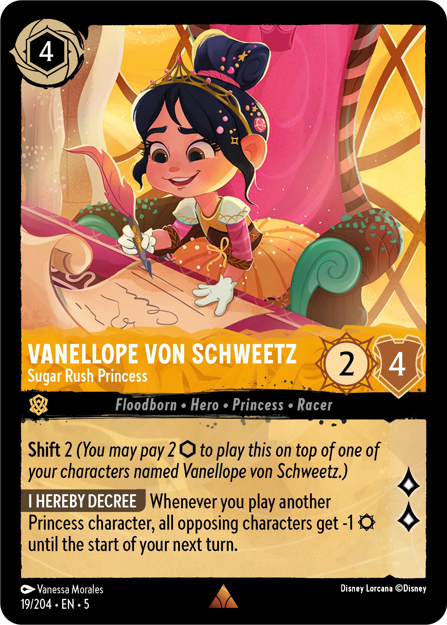 A Disney Lorcana trading card from the Shimmering Skies series features Vanellope von Schweetz - Sugar Rush Princess (19/204) from 