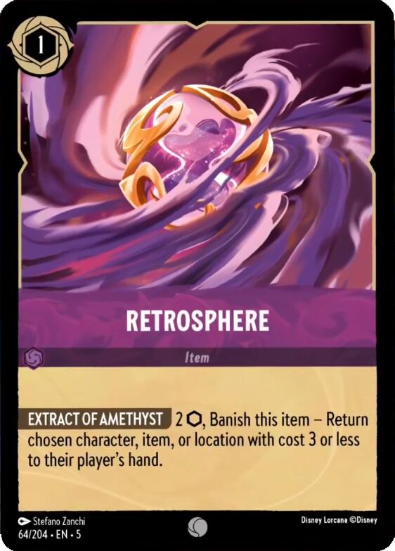 A Disney Lorcana card titled "Retrosphere (64/204) [Shimmering Skies]" showcases a glowing sphere with purple and pink hues in a swirling vortex. This item card, costing 1, boasts the "Extract of Amethyst" ability, allowing you to banish it to return a chosen character, item, or location with a cost of 3 or less.