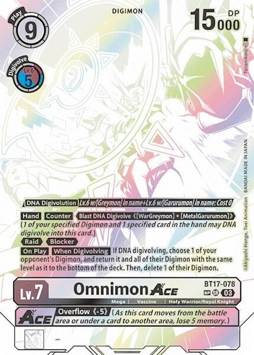 Introducing the Omnimon ACE [BT17-078] (Textured) from the Secret Crisis series by Digimon. This special rare trading card showcases dynamic art of Omnimon Ace, a Level 7 Mega Digimon with an impressive 15,000 DP and a play cost of 9. The card features abilities including Hand, Blocker, When Digivolving, and On Play, along with the distinguished ACE designation and specific game effects detailed within.