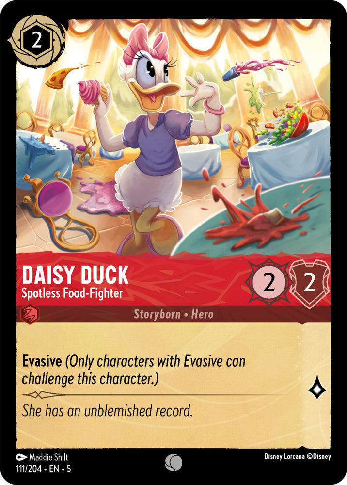 A Disney Lorcana card, labeled "Daisy Duck - Spotless Food-Fighter (111/204) [Shimmering Skies]," features Daisy Duck wearing a purple dress and a white apron, amidst a chaotic food fight with cakes and pastries flying around. The card has stats of 2/2, the Evasive ability, and text that reads: "She has an unblemished record under Shimmering Skies.