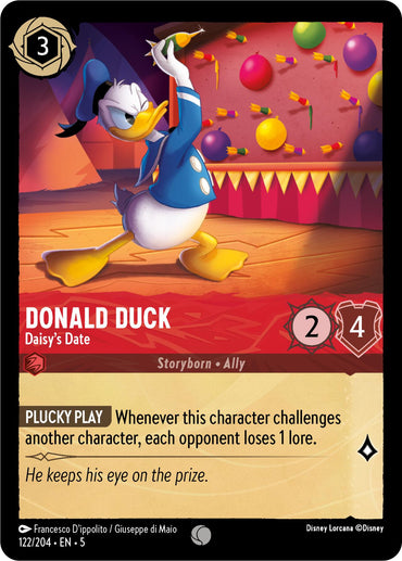 A Disney trading card from the Lorcana series features "Donald Duck - Daisy's Date (122/204) [Shimmering Skies]," illustrated by Francesco D'Ippolito and Giuseppe di Maio. In this card, Donald races in his blue sailor outfit toward a hanging paper lantern beneath string lights, showcasing his "Plucky Play" ability with 2 attack and 4 defense.