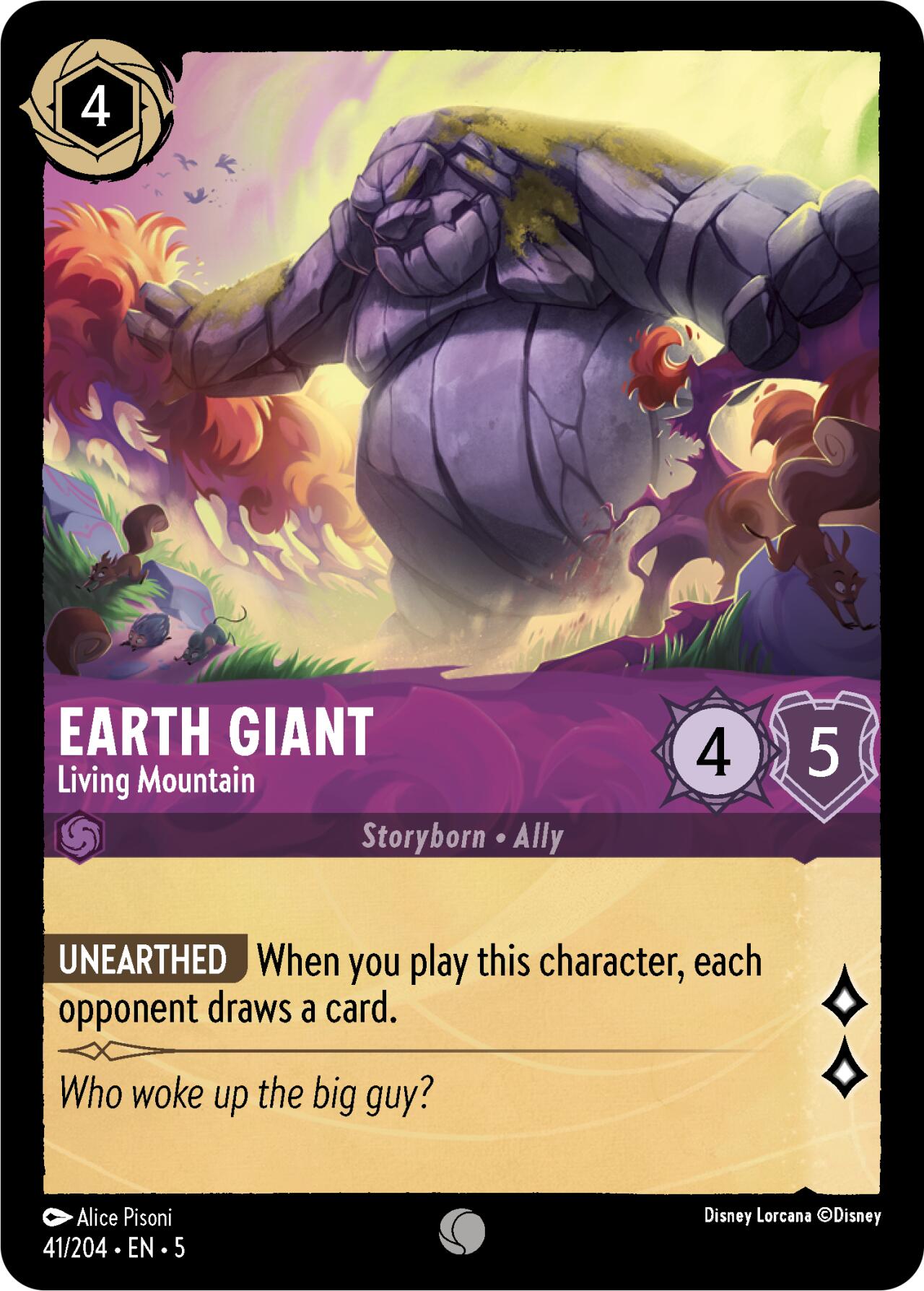 The Earth Giant - Living Mountain (41/204) [Shimmering Skies] trading card from Disney Lorcana features a massive stone giant with trees on its shoulders rising from the ground. This Storyborn ally boasts 4 strength and 5 willpower, and its Unearthed ability forces each opponent to draw a card when it's played. The card's flavor text reads: 