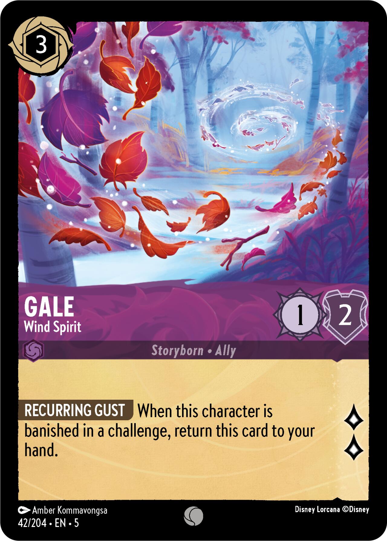 Disney's Gale - Wind Spirit (42/204) [Shimmering Skies] playing card features an illustration of swirling autumn leaves in a mystical forest under shimmering skies. The card has 1 attack point and 2 defense points, with text that reads: 