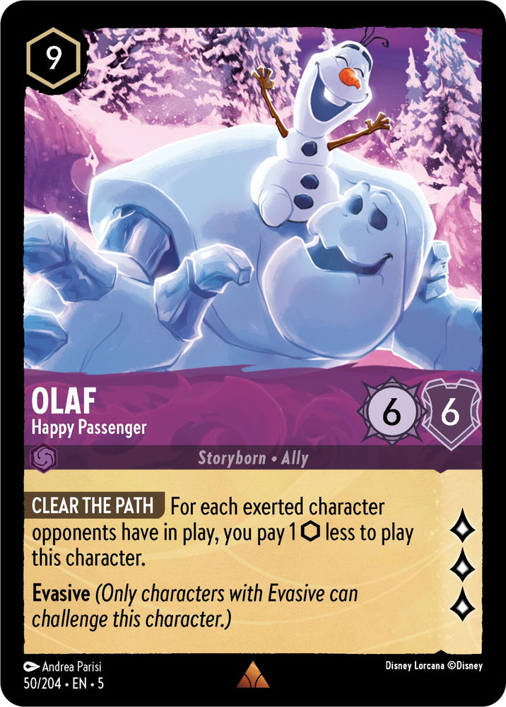 The product "Olaf - Happy Passenger (50/204) [Shimmering Skies]" is a Lorcana game card from Disney featuring Olaf, the joyful snowman, riding on the back of a large snow golem. This rare card shimmers in shades of purple and white, boasts stats of "6/6," includes an ability, and comes with flavor text that roots it firmly in the Disney universe. The illustration is expertly crafted by Andrea Parisi.