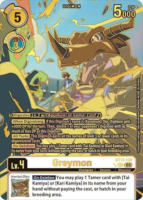 Greymon [BT17-102] (Right) (Textured) [Secret Crisis] is a Digimon card featuring a yellow dinosaur-like creature with black stripes and a metallic helmet with three horns. This Secret Rare card highlights various statistics: it costs 5 to play, requires 1 level to Digivolve, has 5000 DP, and features specific effects when Digivolving or being deleted.