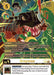 The Greymon [BT17-102] (Left) (Textured) [Secret Crisis] Secret Rare Digimon card features a dinosaur-like creature named Greymon with sharp claws and teeth, fiery red eyes, orange scaly skin with blue stripes. Two animated characters, including one in goggles, are depicted in the top left corner. The background showcases flames and forest motifs along with various stats and abilities listed.