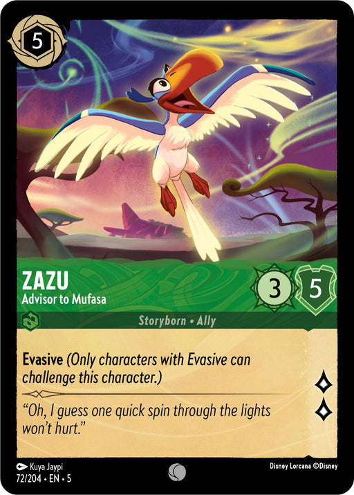 The Disney card "Zazu - Advisor to Mufasa (72/204) [Shimmering Skies]" showcases an illustration of the hornbill bird flying with wings outstretched against a sunset sky adorned with vibrant auroras. This card, from the Disney brand, includes attributes such as a cost of 5 ink, 3 strength, and 5 willpower. Under these shimmering skies, Zazu's ability "Evasive" is described.