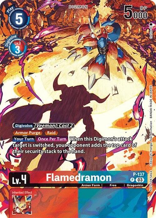 A Digimon trading card, Flamedramon [P-137] from the Update Pack 2024 within the Secret Crisis series, features a dynamic image of Flamedramon with a large purple shadow behind. The character boasts blue and red armor with yellow gloves. The promo card information includes Level 4, 5000 DP, a digivolve cost of 2 from Veemon, and various abilities and effects.