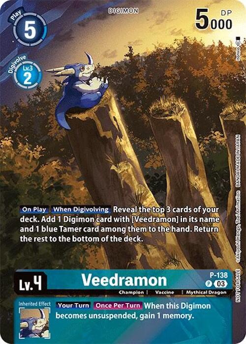 A Veedramon [P-138] (Update Pack 2024) [Secret Crisis] Digimon card, categorized as a Champion, Vaccine, and Myth type. This blue Tamer Digimon card is a level 4 with 5000 DP and has a play cost of 5. The card text includes the effects "On Play" and "When Digivolving." Its inherited effect is: "Your Turn: When this Digimon becomes unsuspended, gain 1 memory.