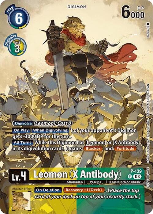 Introducing the Leomon (X Antibody) [P-139] from the Update Pack 2024 [Secret Crisis] of the Digimon card game. This promo card showcases a Beastkin/X Antibody Digimon brandishing a large sword while standing on rocky terrain. With stats including a Play Cost of 6, 6000 DP, Level 4, and Digivolve Level 3, it also features special abilities and effects detailed in small text.