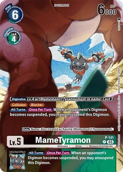 Check out the Digimon card, MameTyramon [P-141] from the Update Pack 2024 [Secret Crisis]! This card showcases a fierce, armored dinosaur-like Digimon with a reddish-brown body and green highlights. It has a play cost of 6 and boasts 6000 DP. Packed with various attributes such as Digivolution costs and game-triggered special abilities, it’s truly an exceptional Mutant/X Antibody Promo!