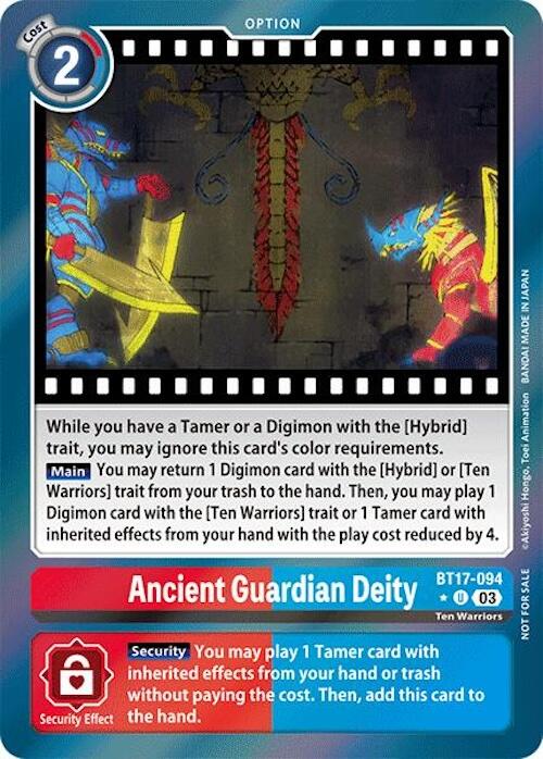 The Digimon trading card "Ancient Guardian Deity" [BT17-094] from the Secret Crisis: Movie Memorial Pack features two armored Digimon facing each other against a backdrop of a shield with wing motifs. Part of the "Ten Warriors" category, it has a cost of 2 and includes detailed game instructions and effects, boasting the powerful Hybrid Trait.