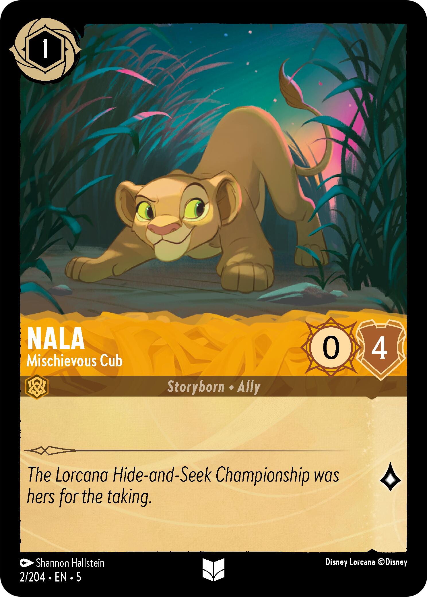 The Nala - Mischievous Cub (2/204) [Shimmering Skies] card from Disney Lorcana features a digital illustration of Nala stealthily crouching in a jungle setting. The card, marked with 