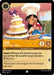 A Disney Lorcana game card titled "Lilo - Junior Cake Decorator (8/204) [Shimmering Skies]" portrays a smiling girl with long, black hair adorned with a flower, decorating a large cake. The card, from the Shimmering Skies series, has 1 strength and 3 willpower, featuring support ability text and a whimsical quote about cake.