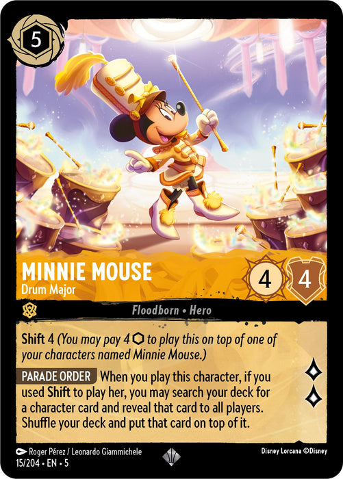 The Disney trading card "Minnie Mouse - Drum Major (15/204) [Shimmering Skies]" features Minnie Mouse dressed in a golden drum major's uniform against a backdrop of shimmering skies. This super rare card highlights her stats: "Shift 4", the "Parade Order" ability, and a power/toughness of 4/4.