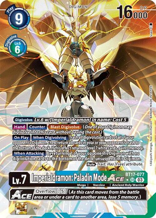 The Imperialdramon: Paladin Mode ACE [BT17-077] (Alternate Art) [Secret Crisis], a card from the Digimon series, is a super rare collectible showcasing an imposing dragon warrior adorned in primarily white and gold armor with blue accents. The card highlights the dragon holding a large, glowing sword and features essential stats such as a Play Cost of 9, DP 16,000, and Lv. 7 Digivolution requirements. Its various abilities underscore its formidable power in gameplay.