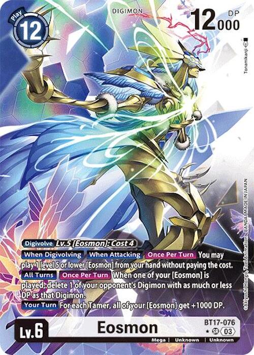 The Eosmon [BT17-076] - BT17-076 (Alternate Art) [Secret Crisis] Digimon card showcases Eosmon, a Level 6 Digimon with a play cost of 12 and 12,000 DP. This stunning card includes text boxes detailing various special effects and abilities, complemented by vibrant graphics that depict Eosmon in a dynamic, action-oriented pose against colorful, abstract backgrounds.