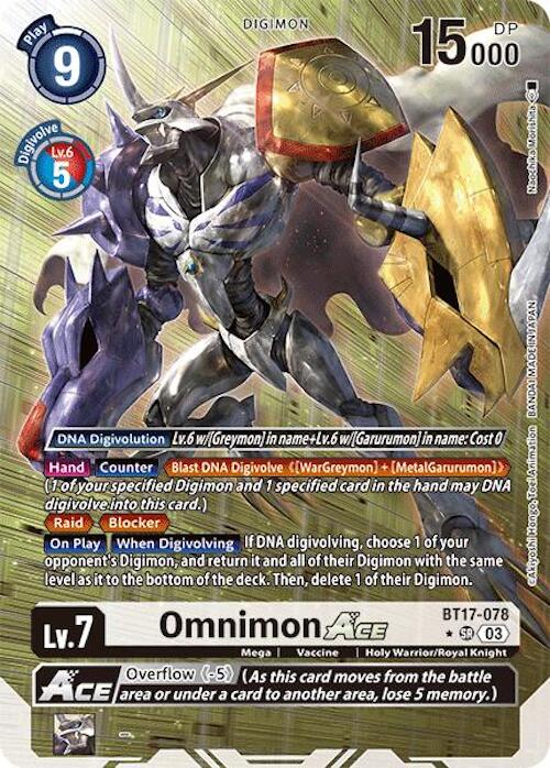 Omnimon ACE [BT17-078] (Alternate Art) [Secret Crisis] by Digimon is a Super Rare Digimon card featuring a powerful digital monster that incorporates design elements from both WarGreymon and MetalGarurumon. This card has play costs, boasts 15000 DP, and lists DNA Digivolution requirements along with abilities such as Blocker, Raid, and Overflow.