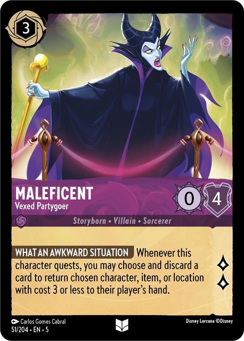 The Disney Lorcana card named "Maleficent - Vexed Partygoer" from the Shimmering Skies series (51/204) shows Maleficent in a menacing pose. The card describes her abilities with a cost of 3 ink and a defense of 4, but no attack, capturing the awkward situation perfectly.