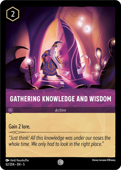 A common card from Disney's "Gathering Knowledge and Wisdom (62/204) [Shimmering Skies]" set features an elderly wizard examining scrolls in a mystical library adorned with glowing artifacts. The card text reads, "Gain 2 lore" and includes the flavor text, "Just think! All this knowledge was under our noses the whole time. We only had to look in the right place." Release date: August 2024.