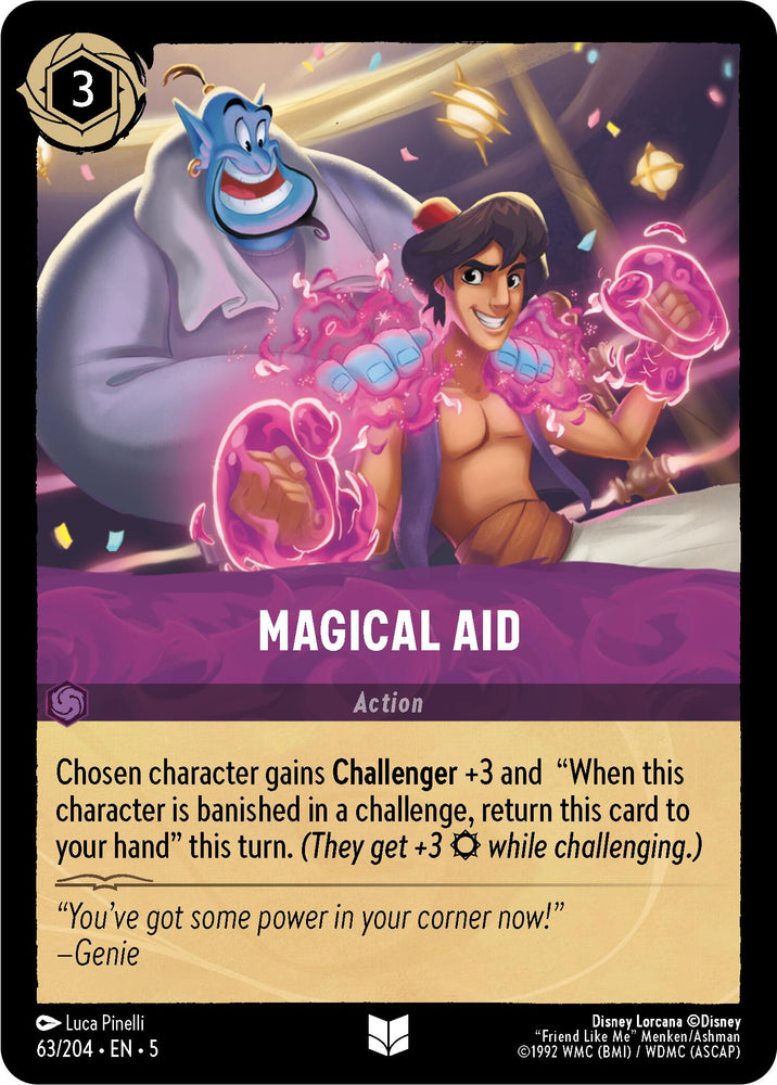 A trading card from the Disney Lorcana game, titled "Magical Aid (63/204) [Shimmering Skies]," showcases Genie and Aladdin. Aladdin is holding a pink, glowing magical energy while smiling confidently, and Genie is flexing his arm muscles with a smile under shimmering skies. The card text details the action's effect within the game.