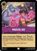 A trading card from the Disney Lorcana game, titled "Magical Aid (63/204) [Shimmering Skies]," showcases Genie and Aladdin. Aladdin is holding a pink, glowing magical energy while smiling confidently, and Genie is flexing his arm muscles with a smile under shimmering skies. The card text details the action's effect within the game.